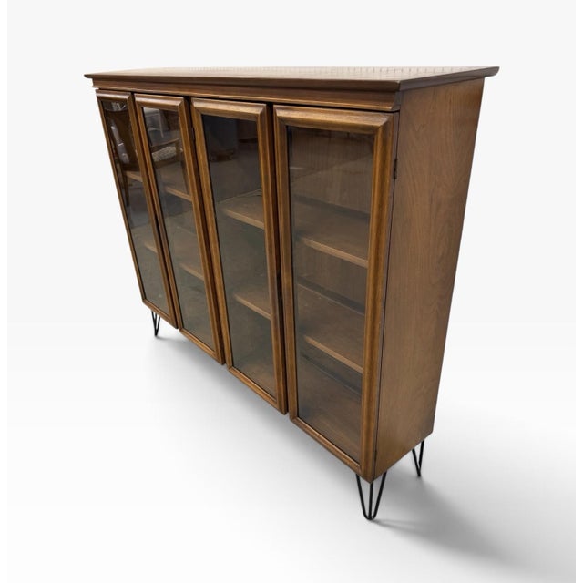 Mid-Century Modern Mid-Century Modern 4-Door Walnut Display Cabinet Hairpin Legs For Sale - Image 3 of 7