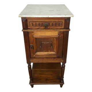 French Bedside Table in Oak with Marble Top For Sale