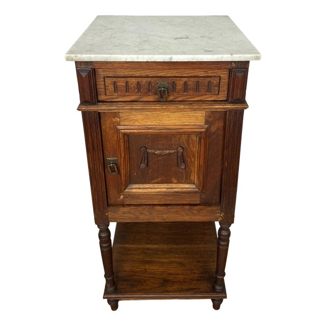 French Bedside Table in Oak with Marble Top For Sale