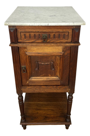 French Bedside Table in Oak with Marble Top