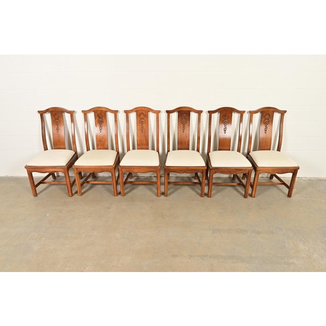 Mid-Century Modern Thomasville Mid-Century Hollywood Regency Chinoiserie Carved Walnut Dining Chairs, Set of Six For Sale - Image 3 of 13