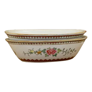 2 Vintage Chinese Off White Porcelain Gold Rim Flowers Oval Bowl