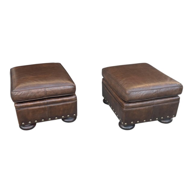 1960s Classic Pair of Brown Leather Ottomans With Brass Nailhead Trim For Sale - Image 13 of 14