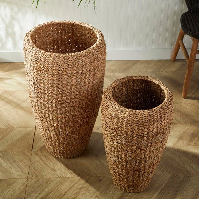Boho Chic Seagrass Tall Round Planters, Set Of 2 For Sale - Image 3 of 5