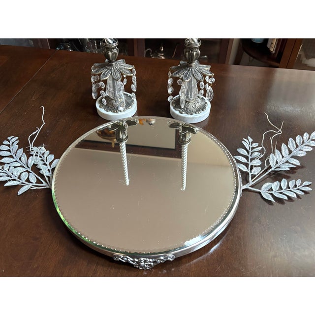 Beautiful Vintage 14” Mirror Glass Plateau Stand Tray With Floral SilverPlate Border For Sale - Image 4 of 10