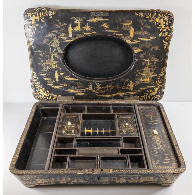 19th Century Rustic Chinese Worn Black and Gold Lacquer Sewing Box For Sale - Image 9 of 12