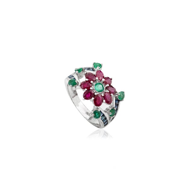 Contemporary Modern Floral Design Ruby Emerald & Blue Sapphire Cocktail Ring in 925 Silver- Size 6 For Sale - Image 3 of 11