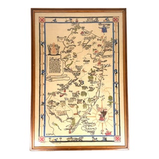 1937 Embroidered New Jersey Pictorial Map Bamberger Folk Art Textile Large 21.5x31.5” For Sale