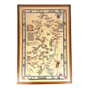 1937 Embroidered New Jersey Pictorial Map Bamberger Folk Art Textile Large 21.5x31.5”