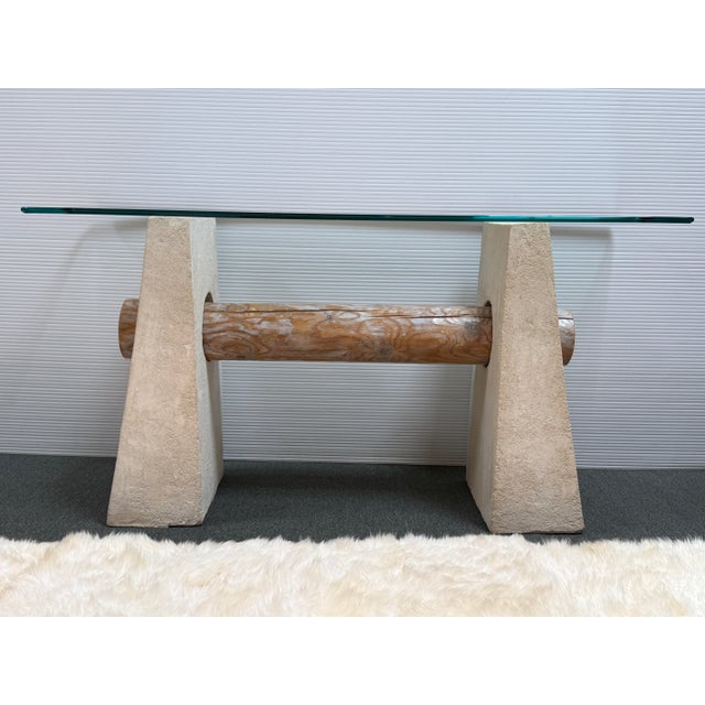 Postmodern Sculpted Hand Plastered + Glass Console Table For Sale - Image 3 of 11