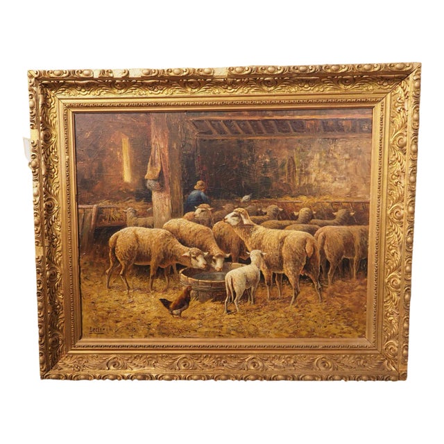 19th Century French Oil on Canvas Painting, “In the Sheepfold”, Signed Lecler For Sale