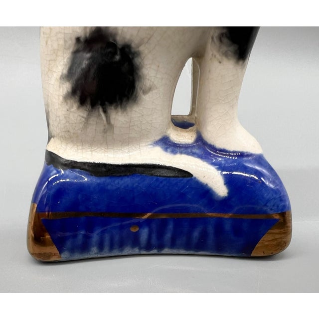 Antique Black & White Cat Figurine on Blue Base – Staffordshire Pottery Style For Sale - Image 12 of 12