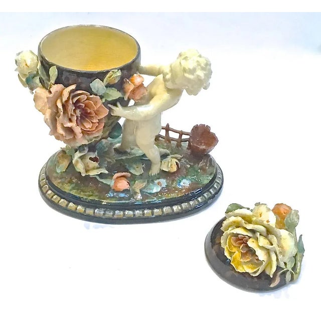 Ceramic Antique French Barbotine Majolica Cherub & Floral Urn Jar For Sale - Image 7 of 11