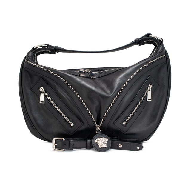 Versace Versace Repeat Hobo Medium Black Leather Silver Hardware Shoulder Bag For Sale - Image 4 of 16