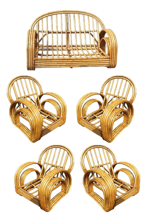 1950s Restored 4-Strand Double Arch Speed Arms Rattan Sofa & Chairs Livingroom Set of 5