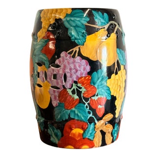 Chinese Black Ground Polychrome Ceramic Garden Seat / Stool With Fruit Decoration For Sale
