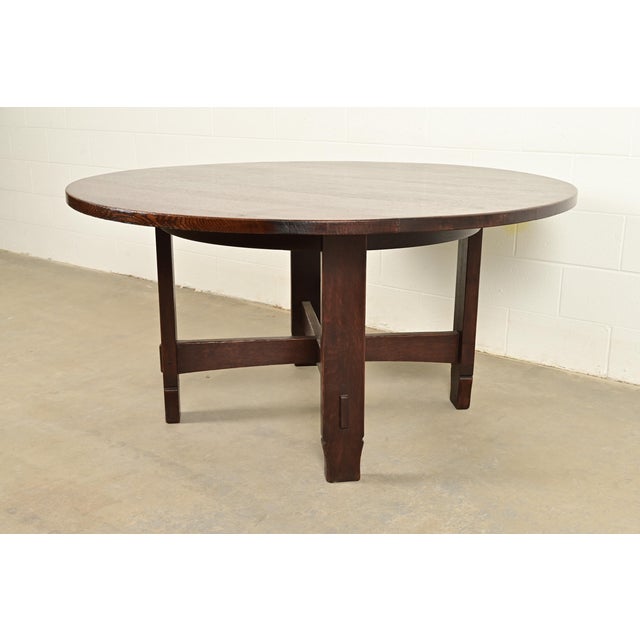 Mission Early Gustav Stickley Antique Mission Oak Arts & Crafts Round Dining Table, Circa 1901 For Sale - Image 3 of 9