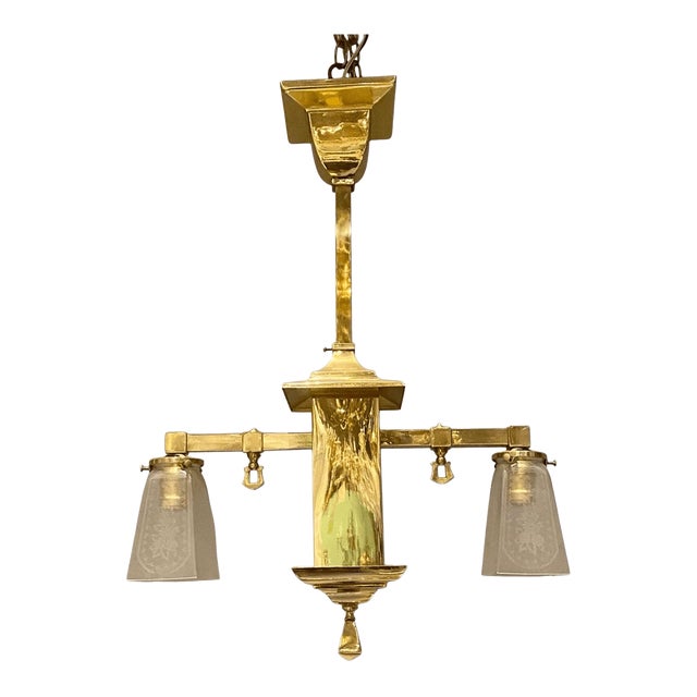 Early 20th Century Rectangular Brass Mission Arts and Crafts Chandelier Light Pe For Sale