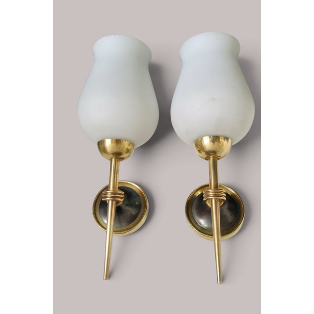 Vintage Wall Sconces in Brass and Opaline Glass from Arlus, 1950s, Set of 2 For Sale - Image 3 of 18