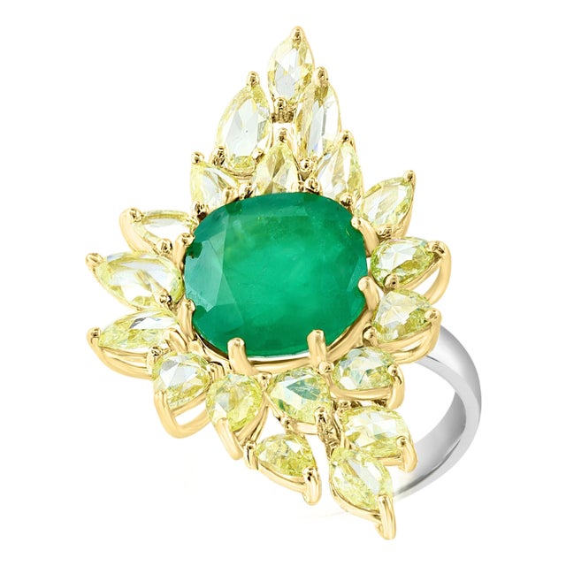 5.82 Ct Natural Colombian Cushion Cut Emerald & 3 Ct RoseCut Diamond Ring 18 Kt, Size 6 For Sale