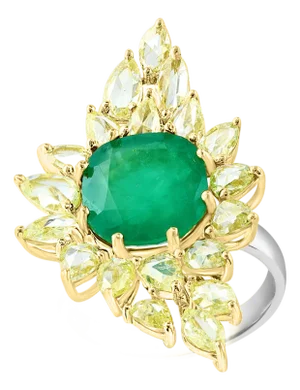 5.82 Ct Natural Colombian Cushion Cut Emerald & 3 Ct RoseCut Diamond Ring 18 Kt, Size 6
