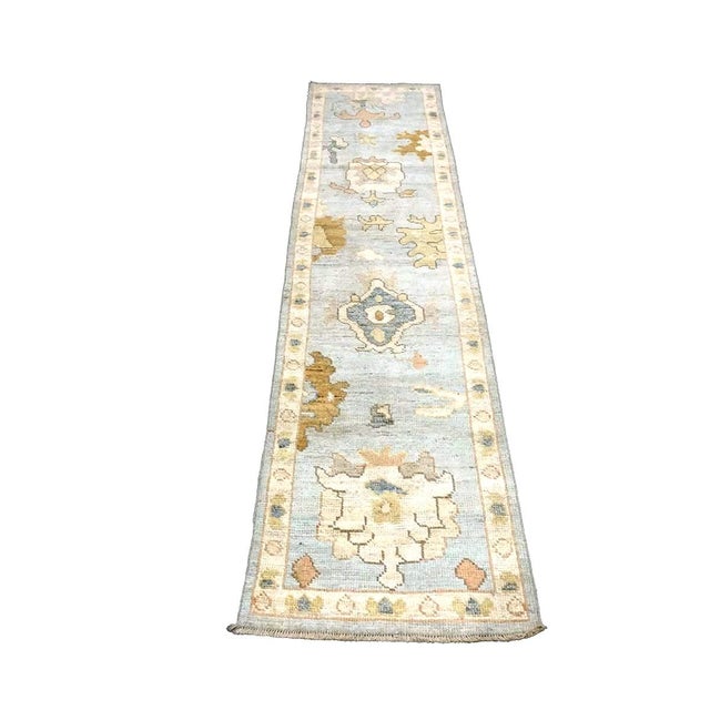 21st Century Turkish Oushak Wool 2x10 Light Blue, Gray & Ivory, Handmade Runner Rug #1144115 For Sale In Houston - Image 6 of 11