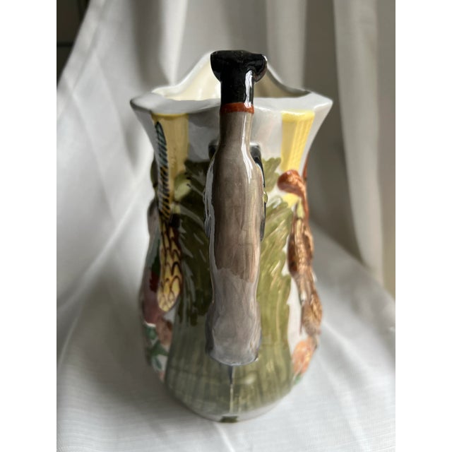 Ceramic Vintage Hand Painted Majolica Game Hunting Pitcher With Greyhound Handle For Sale - Image 7 of 12
