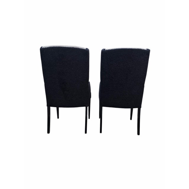 Wood Vintage Wingback Style Wood Black Lacquer Frame Armchairs Newly Reupholstered - Pair For Sale - Image 7 of 12