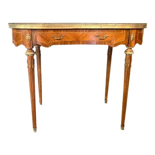 1940's French Style Wood Desk With Brass Gallery and Marquetry Inlay Details, Signed For Sale