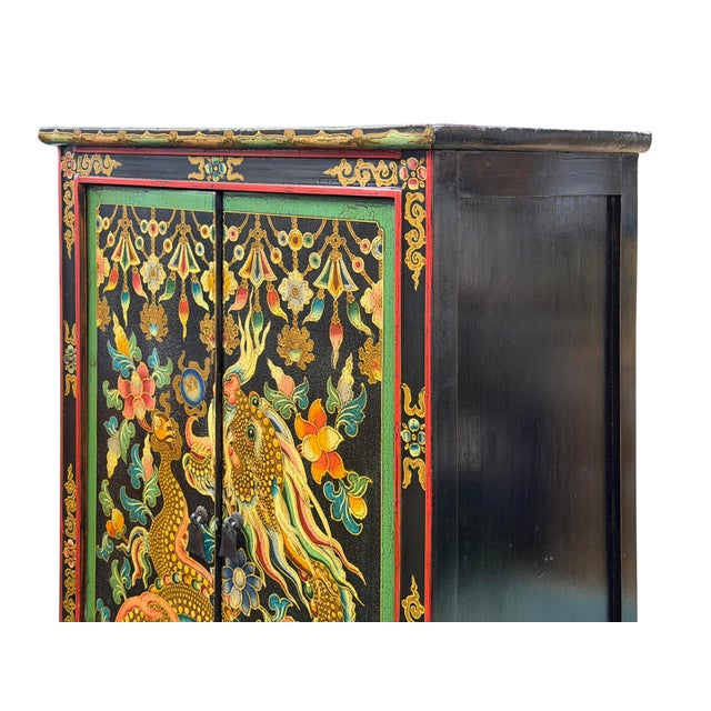 Oriental Tibetan Style Golden Dragon Graphic Tall Slim Storage Cabinet For Sale - Image 10 of 15