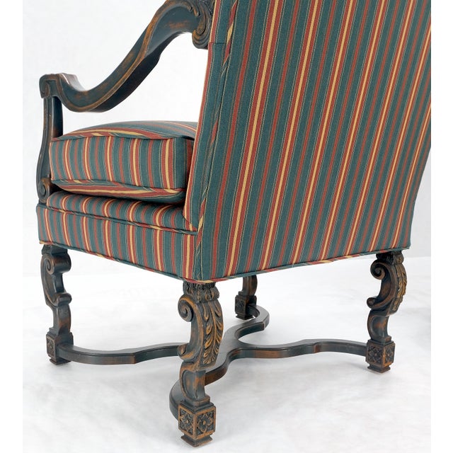 Pair of Carved Bases & Arms Striped Upholstery Fire Side Arm Lounge Chairs MINT! TOMLINSON