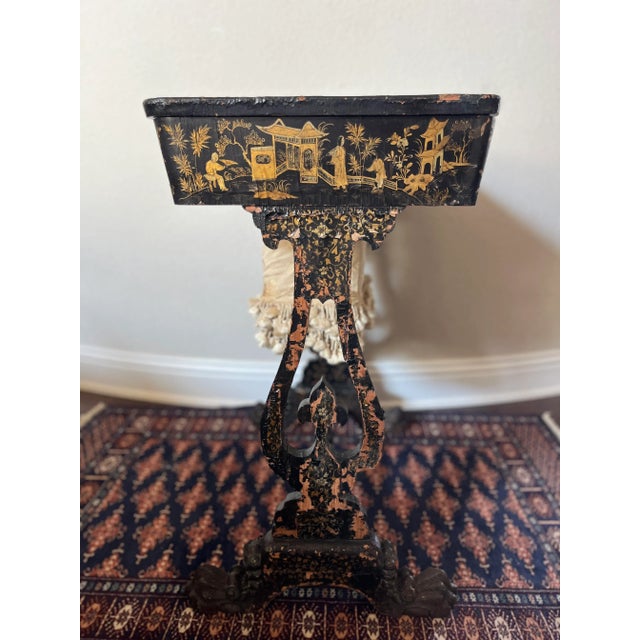 Black Antique 19th Century Chinese Export English Chinoiserie Black Laquered Sewing Table, Work Table For Sale - Image 8 of 12