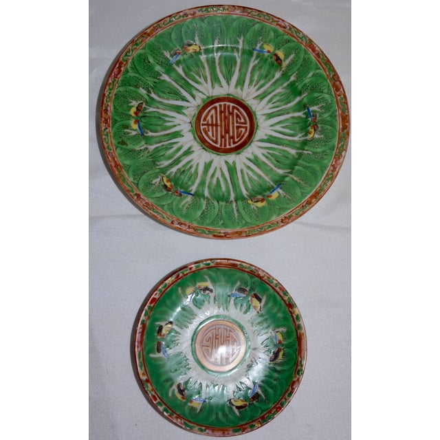 Famille Verte Set of Porcelain Cabbage and Butterfly Pattern Cups and Plates For Sale In Nashville - Image 6 of 11