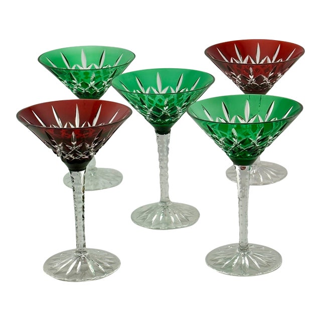 Mid 20th Century Stunning Set of 5 Large Vintage Mid Century 2 Color Overlay Deep Hand Cut to Clear Martini & Wine Glasses For Sale