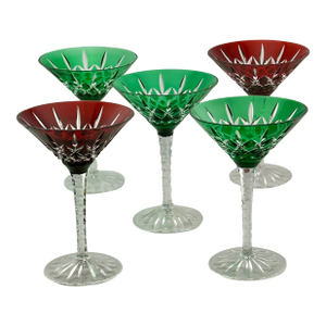 Mid 20th Century Stunning Set of 5 Large Vintage Mid Century 2 Color Overlay Deep Hand Cut to Clear Martini & Wine Glasses