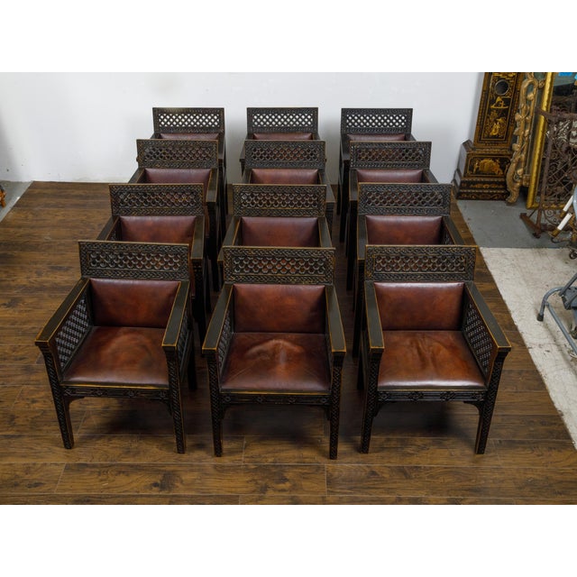 Set of 12 Moroccan Ebonized Carved Wood Armchairs with Leather Seats, circa 1900 For Sale In Atlanta - Image 6 of 12