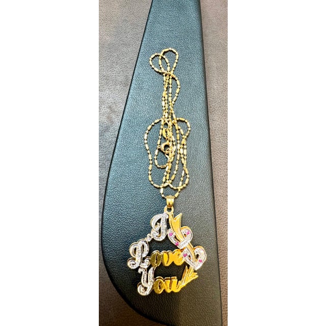 Vintage I Love You Pendant with Ruby in 14 K Yellow Gold Chain, 16" Long, 5.8gm For Sale In New York - Image 6 of 18