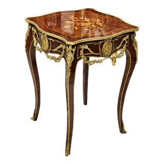 Louis XV Inspired Side Table With Fine Marquetry & Gold Leaf Accents For Sale