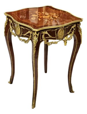 Louis XV Inspired Side Table With Fine Marquetry & Gold Leaf Accents
