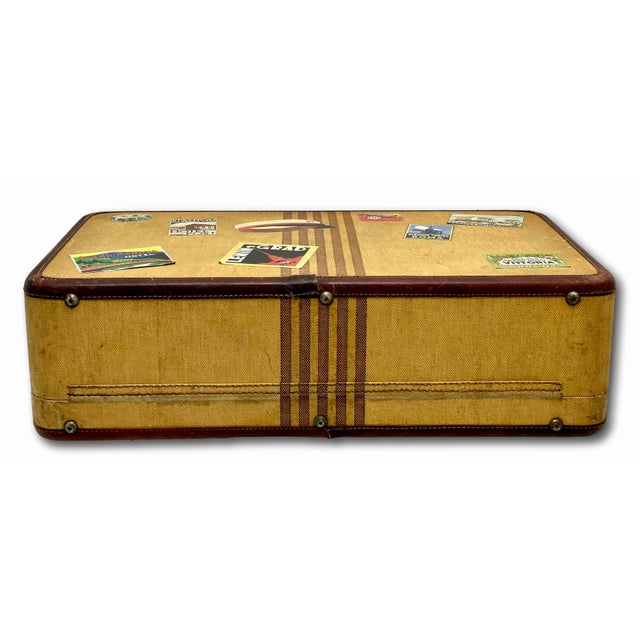 Vintage 1940s Travel Size Tweed Suitcase With Nice Assortment of World Grand Tour Locations Paper Labels For Sale - Image 12 of 18