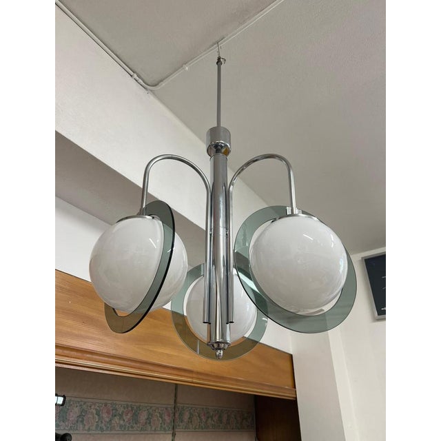 Vintage Space Age Steel and Glass Pendant Light, 1970s For Sale - Image 4 of 11