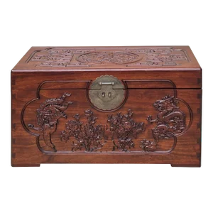 23.5" Small Oriental Brown Phoenix Dragon Carving Camphor Trunk Table