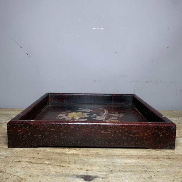 Wood Vintage Chinese Zitan Wood Tea Tray | Mother-of-Pearl Inlaid Bird & Flower Motif For Sale - Image 7 of 9