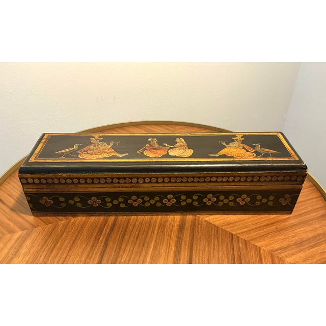 Vintage Hand-Painted Indian Wooden Box With Figural Court Scene For Sale In New York - Image 6 of 14