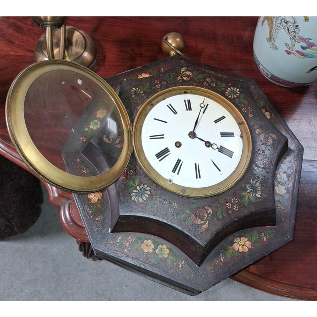 Napoleon III Octagonal Wall Clock with Painted Flowers For Sale - Image 3 of 8