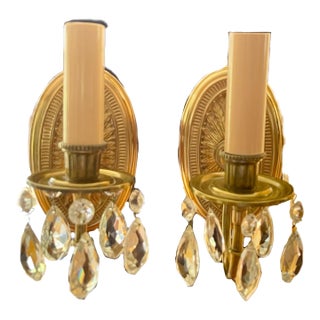 Vintage Pair of Bronze Brass Lights Sconces With Crystal Prisms For Sale