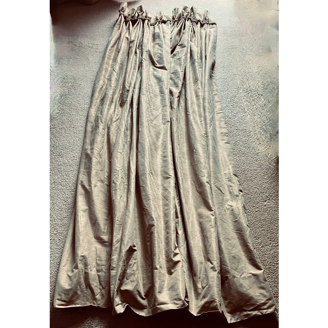 This beautiful pair of custom fabricated curtain panels are in aGold silk fabric with Olive Green braid trim.Lined for...