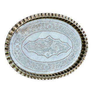 Vintage Moroccan Style Large Brass Oval Tray For Sale