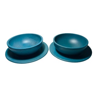 Vintage Pair of Ralph Lauren Wooden Serving Bowls With Under Liners in Blue - 4 pcs For Sale