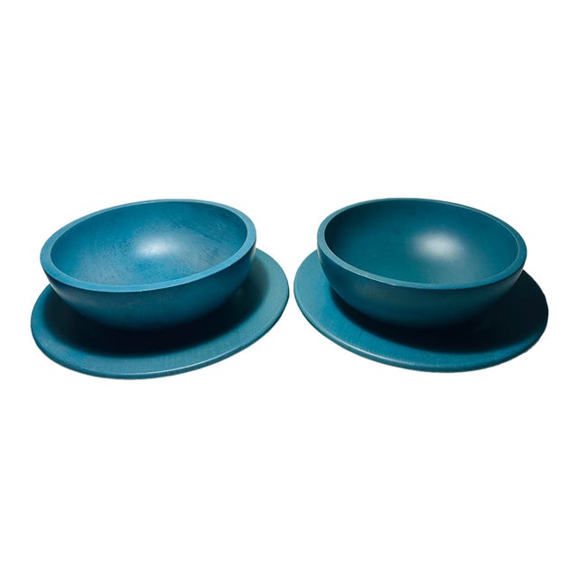 Vintage Pair of Ralph Lauren Wooden Serving Bowls With Under Liners in Blue - 4 pcs For Sale